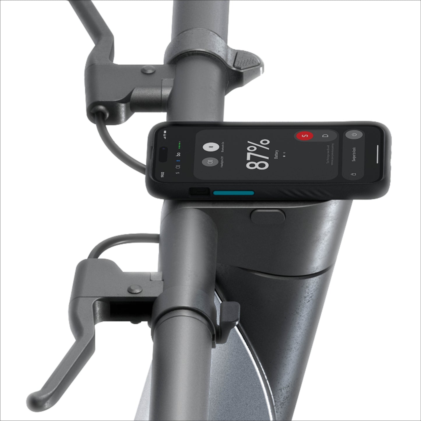 Phone mounted on a bicycle handlebar displaying battery percentage