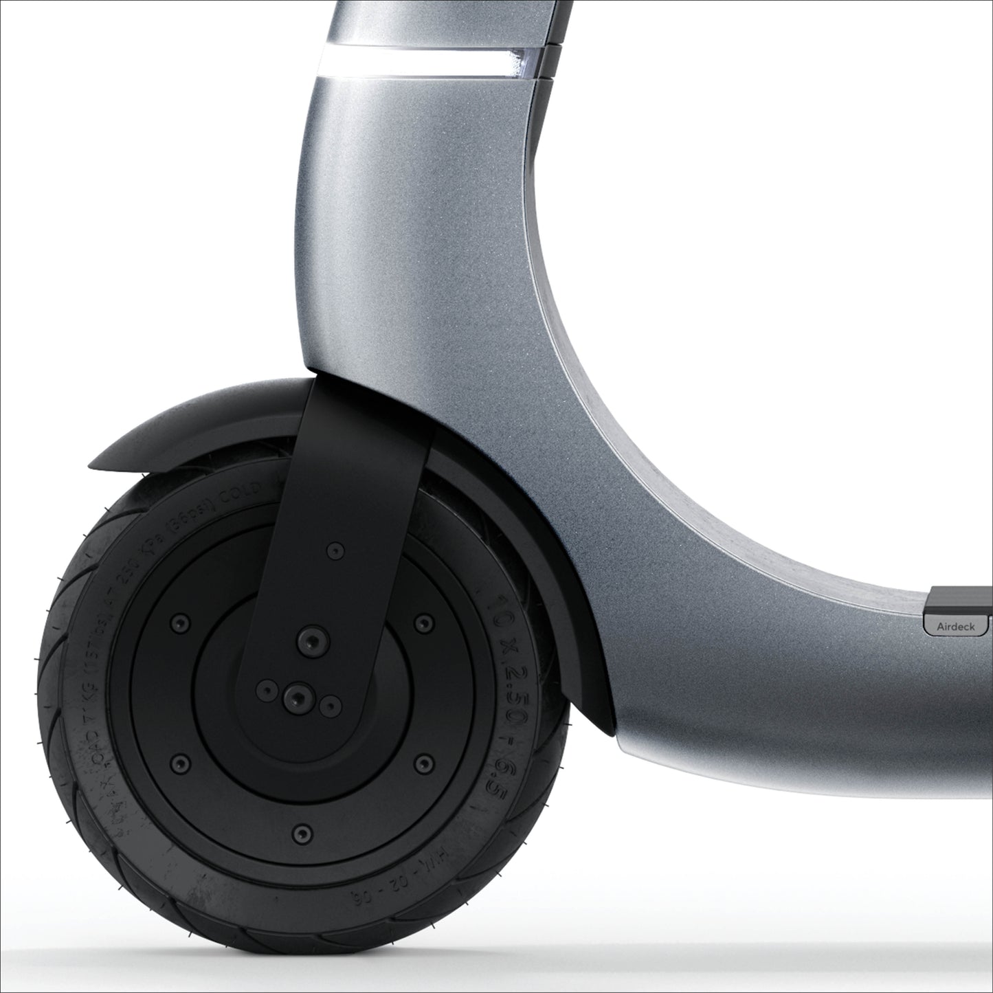 Close-up of a scooter wheel and frame on a white background