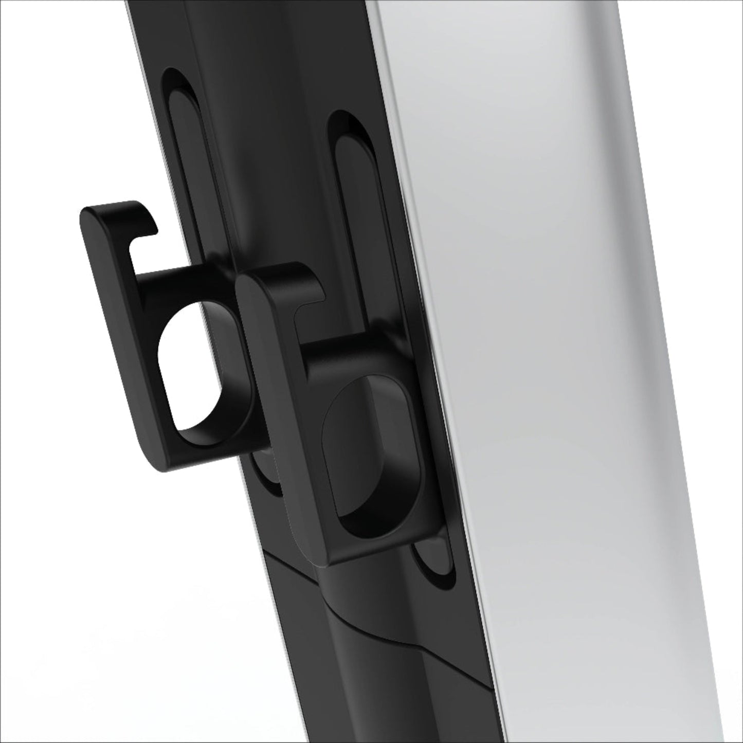 Close-up of a black metal bracket on a white background