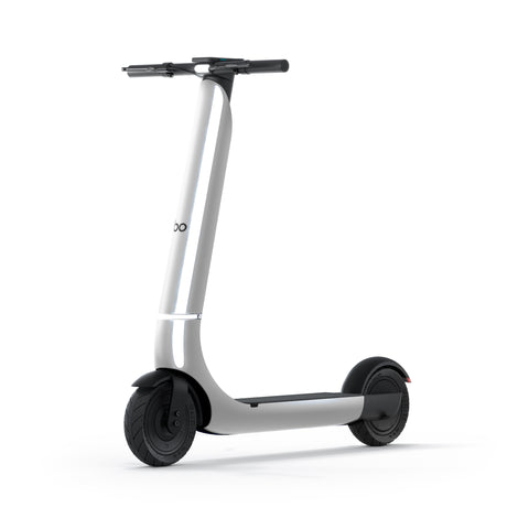 Silver electric scooter with black wheels on a white background