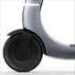 Close-up of a scooter wheel and frame on a white background