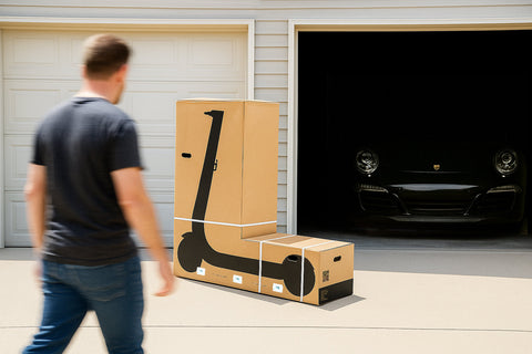 Man walking past a large Bo M box with a scooter on it, in front of a garage with a car inside.